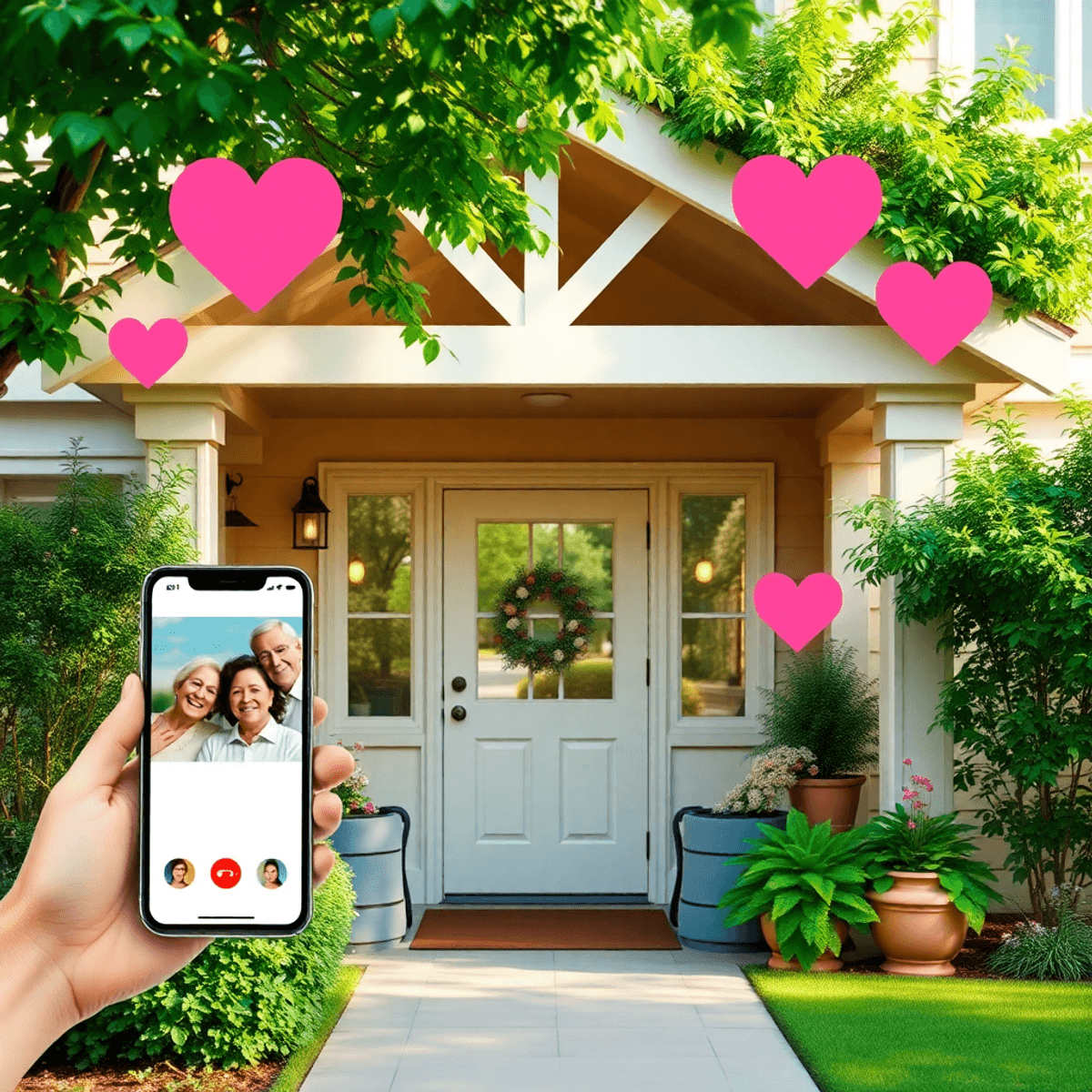 A senior living facility entrance, featuring a smartphone with a video call.